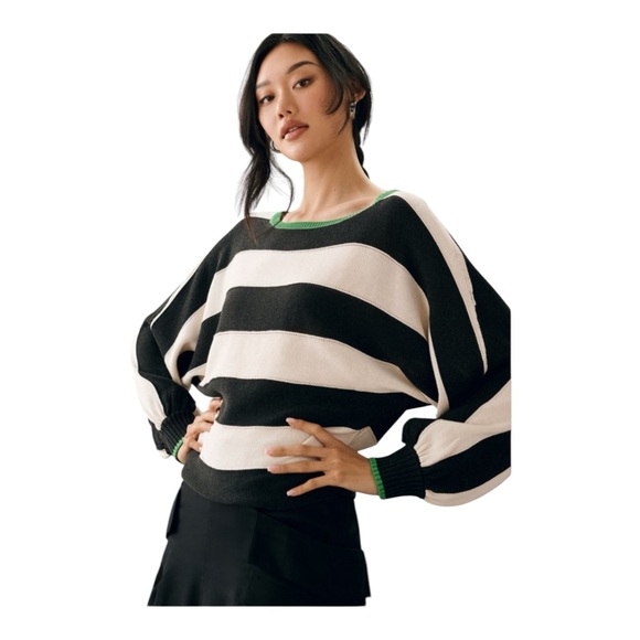 Maeve Sweaters - Maeve Anthropologie Striped Boat Neck Sweater Black Cream Green Size Medium